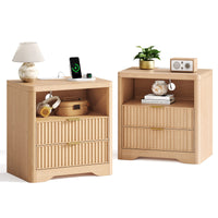 Sikaic Nightstand Fluted LED Nightstand with 2 Drawers & Open Shelf Natural Oak Natural / Engineered Wood / Modern