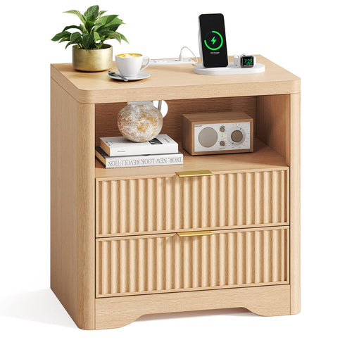 Sikaic Nightstand Fluted LED Nightstand with 2 Drawers & Open Shelf Natural Oak Natural / Engineered Wood / Modern
