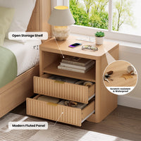 Sikaic Nightstand Fluted LED Nightstand with 2 Drawers & Open Shelf Natural Oak Natural / Engineered Wood / Modern