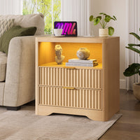 Sikaic Nightstand Fluted LED Nightstand with 2 Drawers & Open Shelf Natural Oak Natural / Engineered Wood / Modern