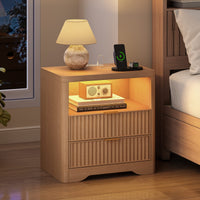 Sikaic Nightstand Fluted LED Nightstand with 2 Drawers & Open Shelf Natural Oak Natural / Engineered Wood / Modern