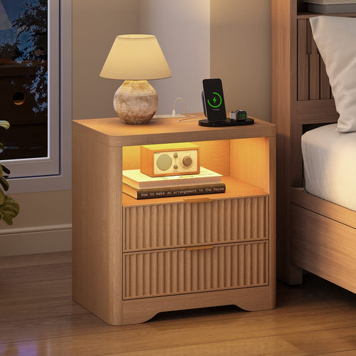 Sikaic Nightstand Fluted LED Nightstand with 2 Drawers & Open Shelf Natural Oak Natural / Engineered Wood / Modern