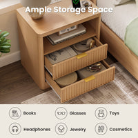 Sikaic Nightstand Fluted LED Nightstand with 2 Drawers & Open Shelf Natural Oak Natural / Engineered Wood / Modern