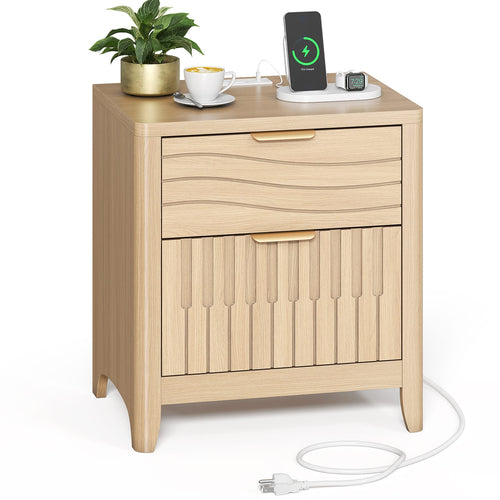 Sikaic Nightstand Fluted Nightstand with 2 Storage Drawers for Bedroom Natural Oak Natural / Engineered Wood / Modern