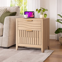 Sikaic Nightstand Fluted Nightstand with 2 Storage Drawers for Bedroom Natural Oak Natural / Engineered Wood / Modern
