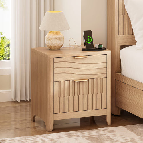 Sikaic Nightstand Fluted Nightstand with 2 Storage Drawers for Bedroom Natural Oak Natural / Engineered Wood / Modern