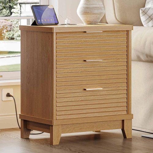Sikaic Nightstand Fluted Nightstand with Charging Station and 3 Drawers Natural Natural / Engineered Wood / Modern