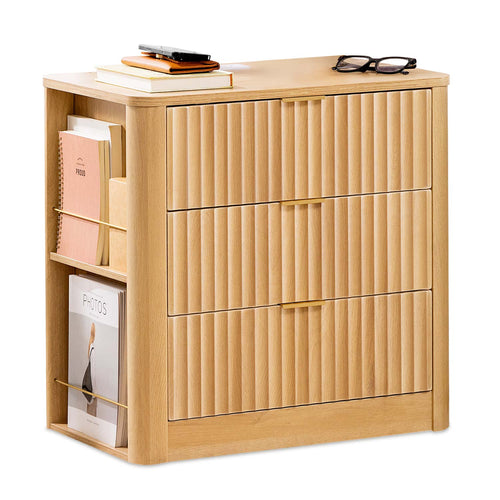 Sikaic Nightstand Fluted Nightstand with Charging Station Natural Oak Natural / Engineered Wood / Modern