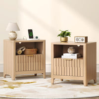 Sikaic Nightstand Fluted Nightstand with Charging Station Natural Oak Natural / Engineered Wood / Modern