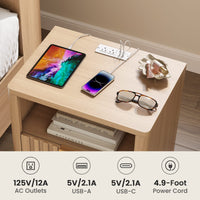 Sikaic Nightstand Fluted Nightstand with Charging Station Natural Oak Natural / Engineered Wood / Modern