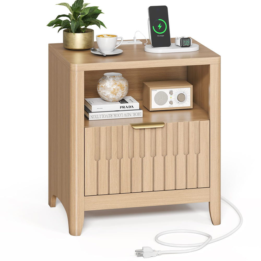 Sikaic Nightstand Fluted Nightstand with Charging Station Natural Oak Natural / Engineered Wood / Modern