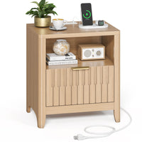 Sikaic Nightstand Fluted Nightstand with Charging Station Natural Oak Natural / Engineered Wood / Modern