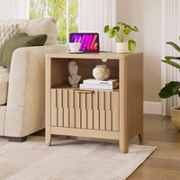 Sikaic Nightstand Fluted Nightstand with Charging Station Natural Oak Natural / Engineered Wood / Modern