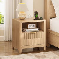Sikaic Nightstand Fluted Nightstand with Charging Station Natural Oak Natural / Engineered Wood / Modern