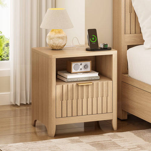 Sikaic Nightstand Fluted Nightstand with Charging Station Natural Oak Natural / Engineered Wood / Modern