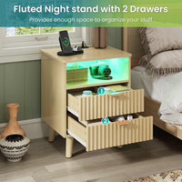 Sikaic Nightstand LED Nightstand with Charging Station and Fluted Panel Natural Oak Natural / Engineered Wood / Modern