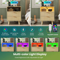 Sikaic Nightstand LED Nightstand with Charging Station and Fluted Panel Natural Oak Natural / Engineered Wood / Modern