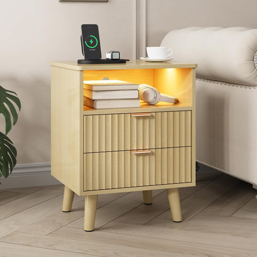 Sikaic Nightstand LED Nightstand with Charging Station and Fluted Panel Natural Oak Natural / Engineered Wood / Modern