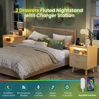 Sikaic Nightstand LED Nightstand with Charging Station and Fluted Panel Natural Oak Natural / Engineered Wood / Modern