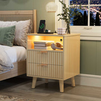 Sikaic Nightstand LED Nightstand with Charging Station and Fluted Panel Natural Oak Natural / Engineered Wood / Modern
