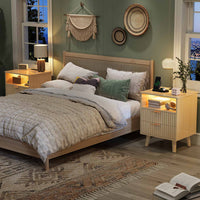 Sikaic Nightstand LED Nightstand with Charging Station and Fluted Panel Natural Oak Natural / Engineered Wood / Modern