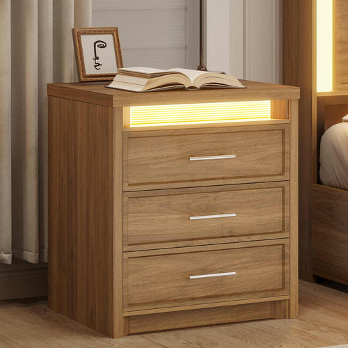 Sikaic Nightstand Nightstand with 3 Drawers and Led Lights Natural Natural / Engineered Wood / Modern