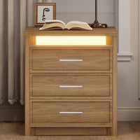 Sikaic Nightstand Nightstand with 3 Drawers and Led Lights Natural Natural / Engineered Wood / Modern