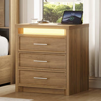 Sikaic Nightstand Nightstand with 3 Drawers and Led Lights Natural Natural / Engineered Wood / Modern
