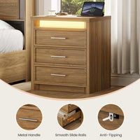 Sikaic Nightstand Nightstand with 3 Drawers and Led Lights Natural Natural / Engineered Wood / Modern