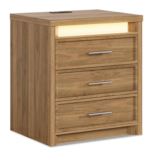 Sikaic Nightstand Nightstand with 3 Drawers and Led Lights Natural Natural / Engineered Wood / Modern