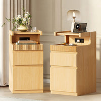 Sikaic Nightstand Sikaic Curved Nightstand with Charging Station Natural Wood Natural / Engineered Wood / Modern