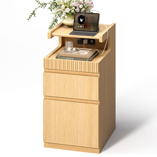 Sikaic Nightstand Sikaic Curved Nightstand with Charging Station Natural Wood Natural / Engineered Wood / Modern