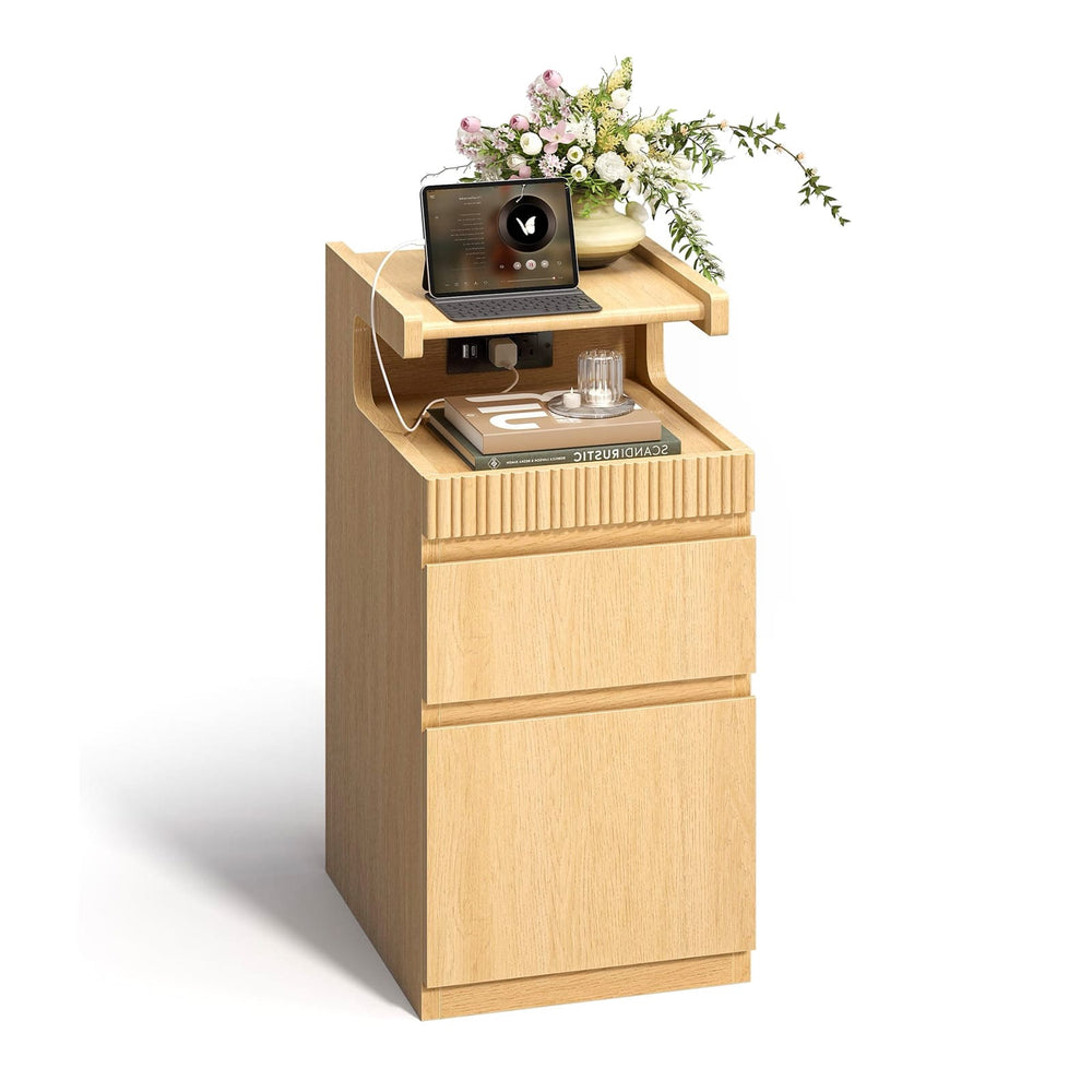 Sikaic Nightstand Sikaic Curved Nightstand with Charging Station Natural Wood Natural / Engineered Wood / Modern