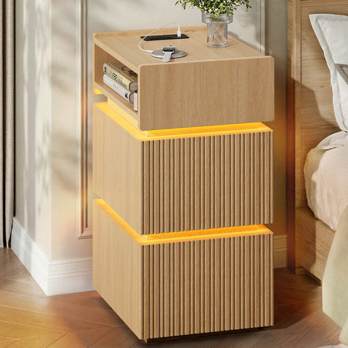 Sikaic Nightstand Sikaic LED Nightstand with Charging Station Natural Natural / Engineered Wood / Modern