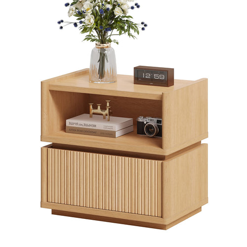 Sikaic Nightstand Sikaic Modular Rattan Nightstand with Wavy Panel Design Natural Oak Natural / Engineered Wood / Modern