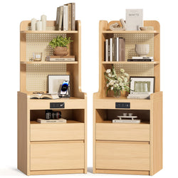 Sikaic Nightstand Sikaic Rattan Corner Nightstand with Charging Station Natural Wood Natural / Engineered Wood / Modern