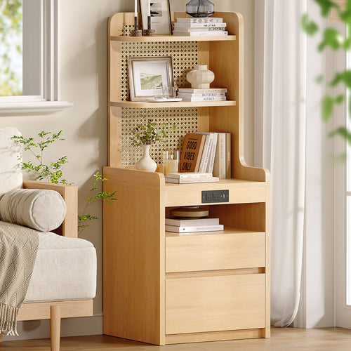 Sikaic Nightstand Sikaic Rattan Corner Nightstand with Charging Station Natural Wood Natural / Engineered Wood / Modern