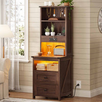 Sikaic Nightstand Tall Nightstand with Charging Station and Bookshelf Oak Brown Oak Brown / Engineered Wood / Farmhouse