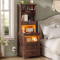 Sikaic Nightstand Tall Nightstand with Charging Station and Bookshelf Oak Brown Oak Brown / Engineered Wood / Farmhouse
