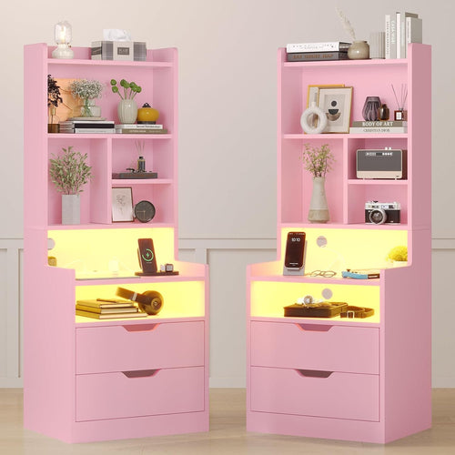 Sikaic Nightstand 2PCS LED Tall Nightstand with Bookshelf Charging Station Pink Pink / Engineered Wood / Modern