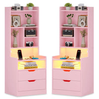 Sikaic Nightstand 2PCS LED Tall Nightstand with Bookshelf Charging Station Pink Pink / Engineered Wood / Modern