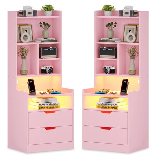 Sikaic Nightstand 2PCS LED Tall Nightstand with Bookshelf Charging Station Pink Pink / Engineered Wood / Modern