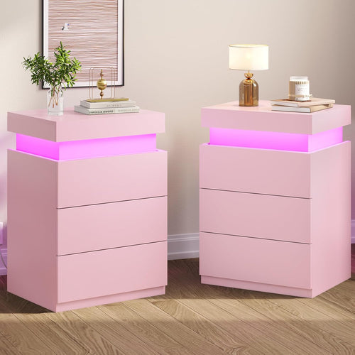 Sikaic Nightstand 2PCS Nightstand with LED Lights Charging Station Pink Pink / Engineered Wood / Modern