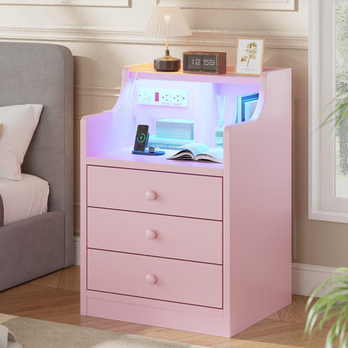 Sikaic Nightstand LED Nightstand with 3 Storage Drawers Pink Pink / Engineered Wood / Modern