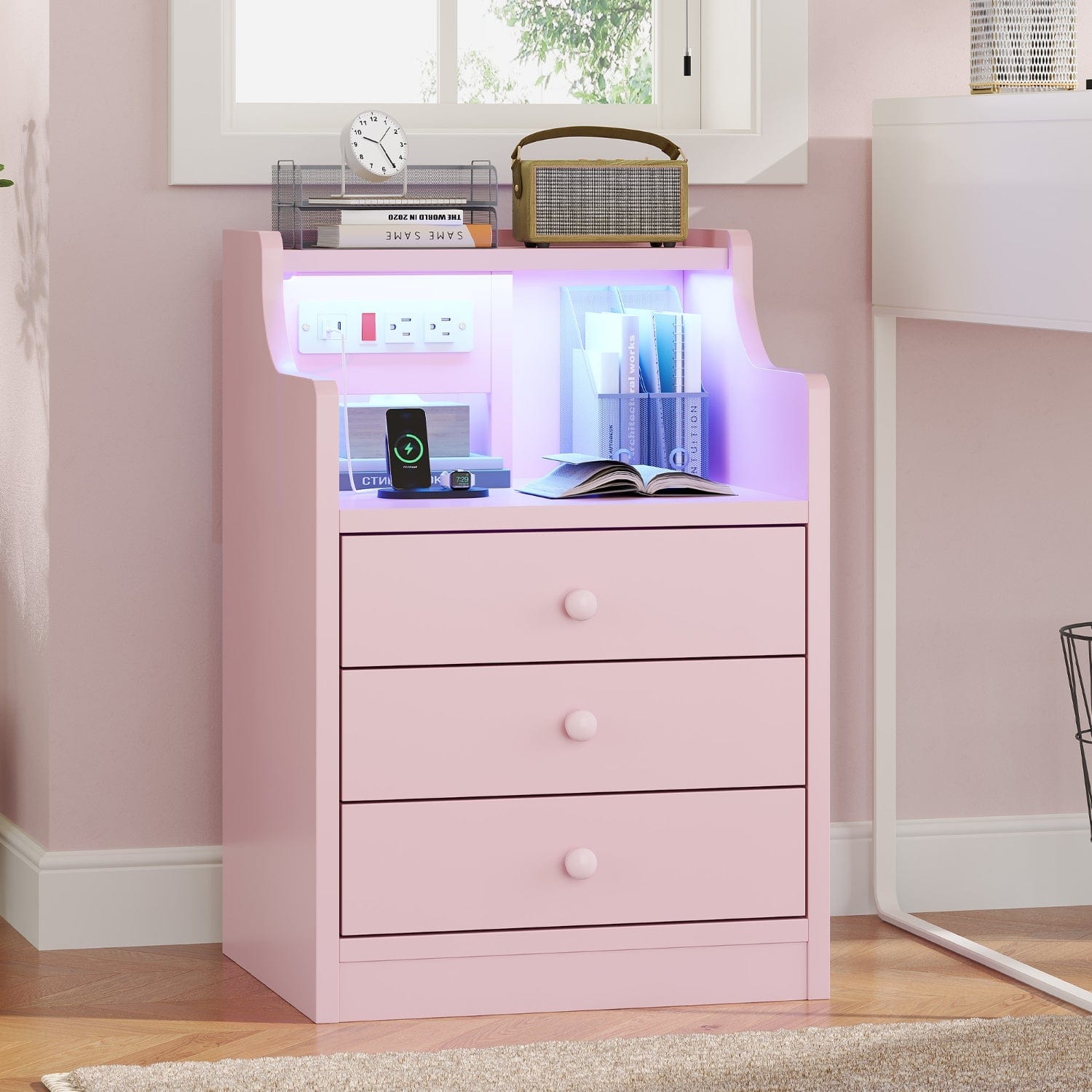 Pink Nightstand Set Pink LED Nightstand with Hutch Drawers Outlets | SIKAIC