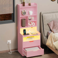 Sikaic Nightstand LED Tall Nightstand with Bookshelf Charging Station Pink Pink / Engineered Wood / Modern