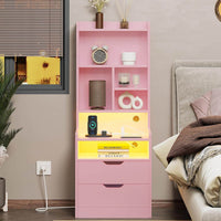 Sikaic Nightstand LED Tall Nightstand with Bookshelf Charging Station Pink Pink / Engineered Wood / Modern