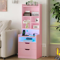 Sikaic Nightstand LED Tall Nightstand with Bookshelf Charging Station Pink Pink / Engineered Wood / Modern