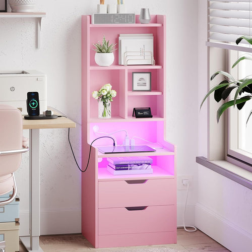 Sikaic Nightstand LED Tall Nightstand with Bookshelf Charging Station Pink Pink / Engineered Wood / Modern