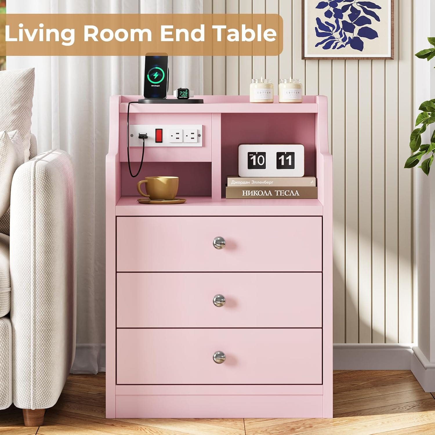 Pink Nightstand Set Sikaic Nightstand with Outlets Storage Pink